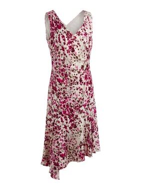Taylor Cream and Fuchsia Floral Asymmetrical V-Neck Dress